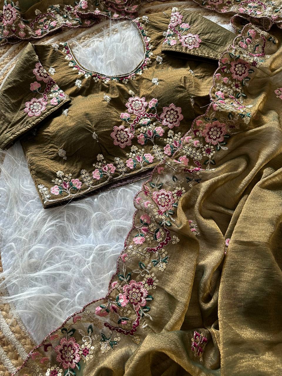 Olive Gold Pure Soft Khadi Moss Silk Saree with Floral Sequence Embroidery & Double Line Aarco Border