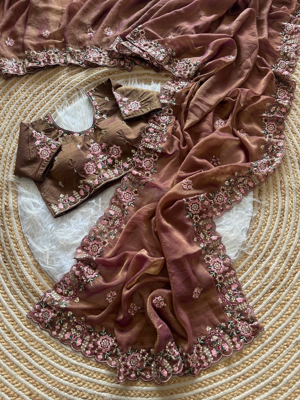 Copper Rose Pure Soft Khadi Moss Silk Saree with Floral Sequence Embroidery & Double Line Aarco Border