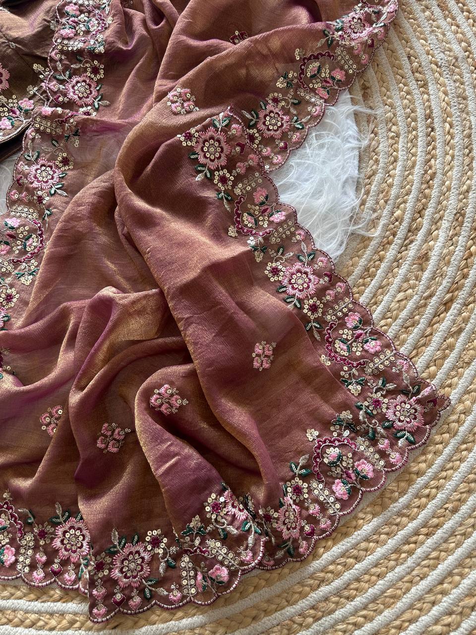 Copper Rose Pure Soft Khadi Moss Silk Saree with Floral Sequence Embroidery & Double Line Aarco Border