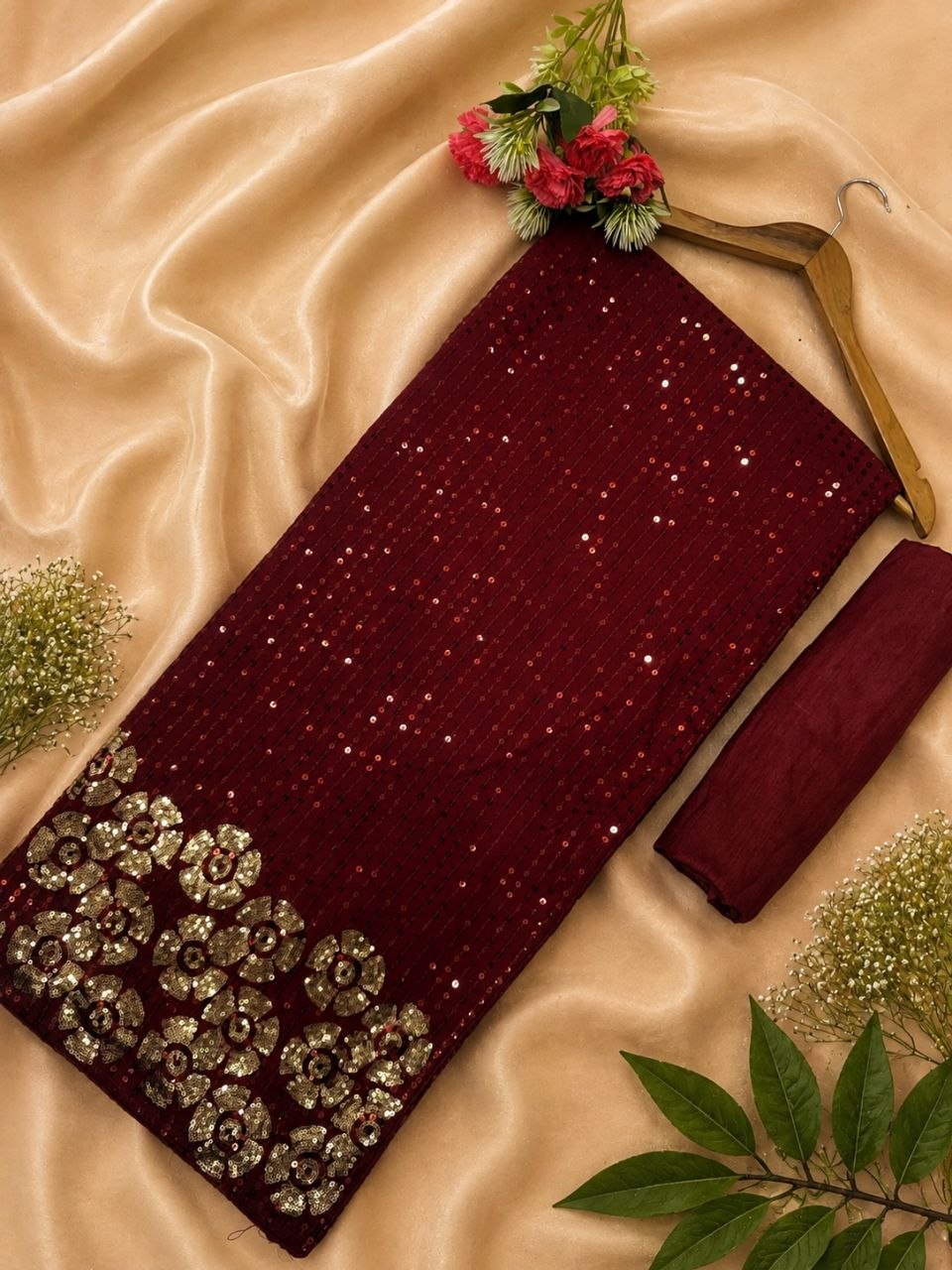 Wine Maroon All-Over Sequin Work Saree with Gold Floral Border