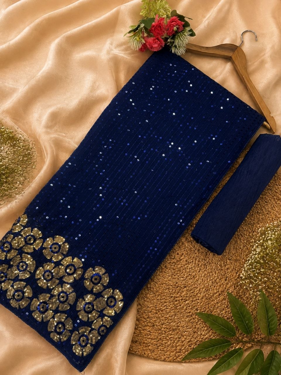 Royal Navy Blue Striped Sequin Saree with Gold Flower Motif Border