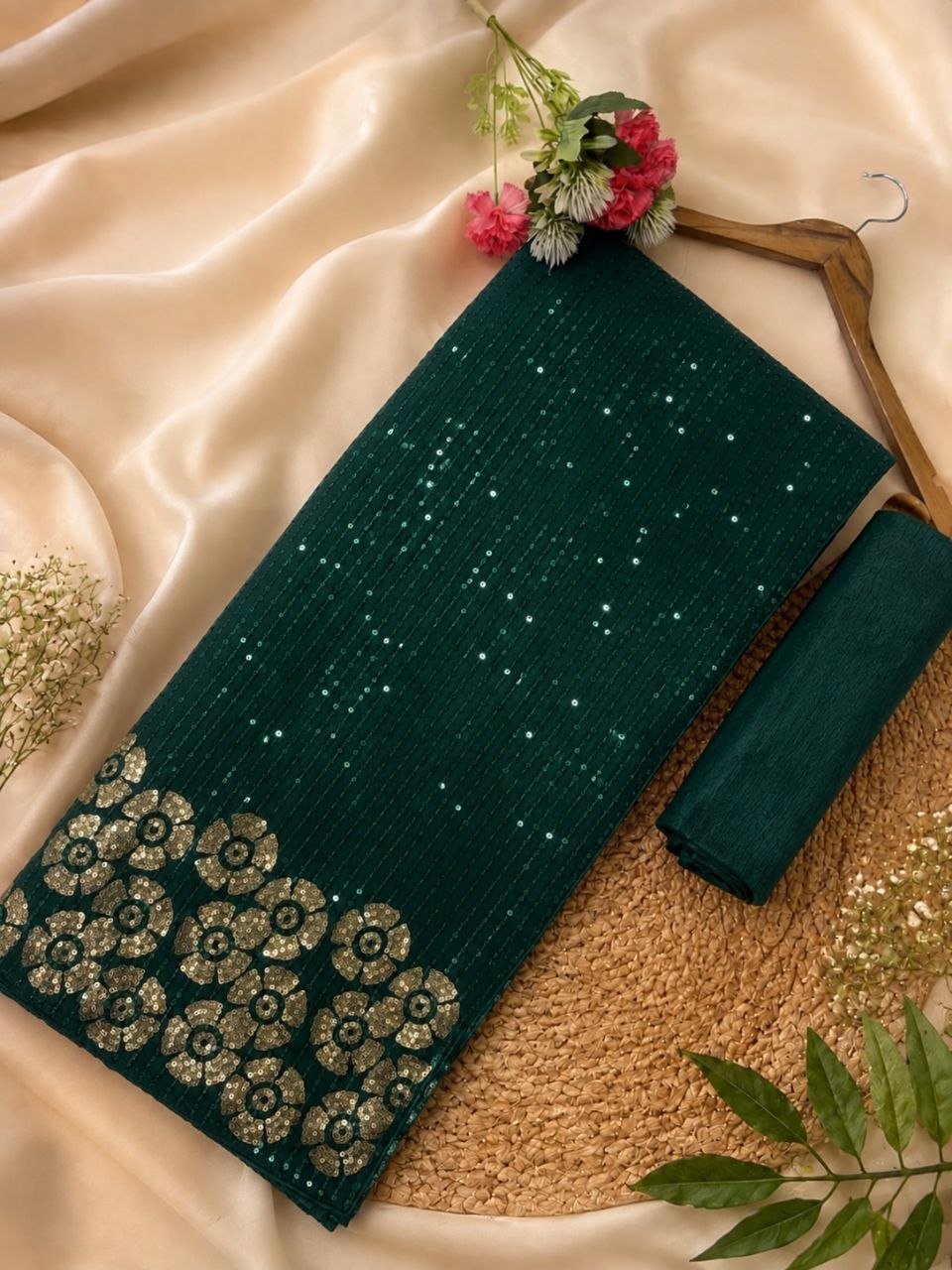 Emerald Bottle Green Sequined Designer Saree with Golden Floral Border