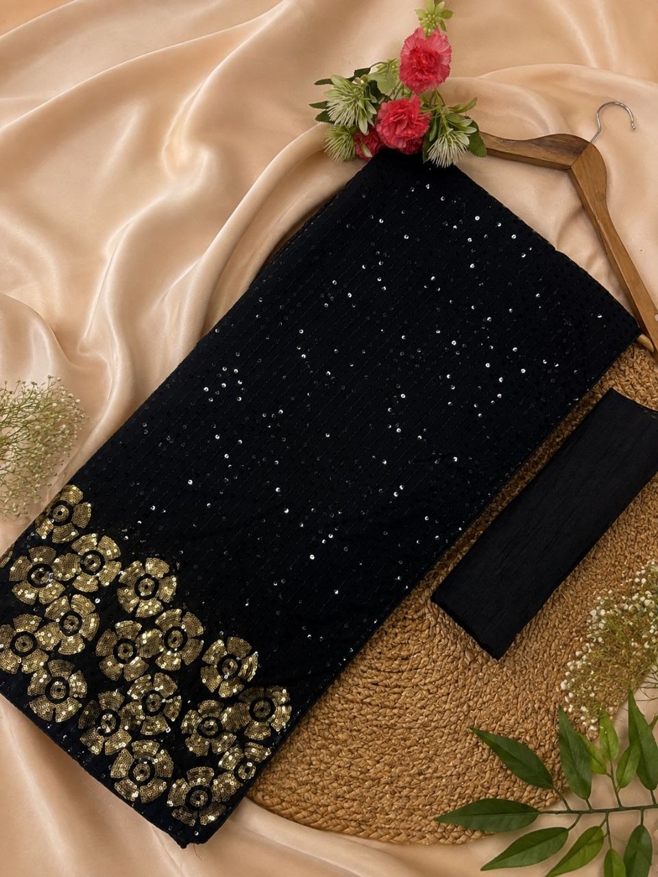 Jet Black All-Over Sequence Work Saree with Contrast Gold Floral Border