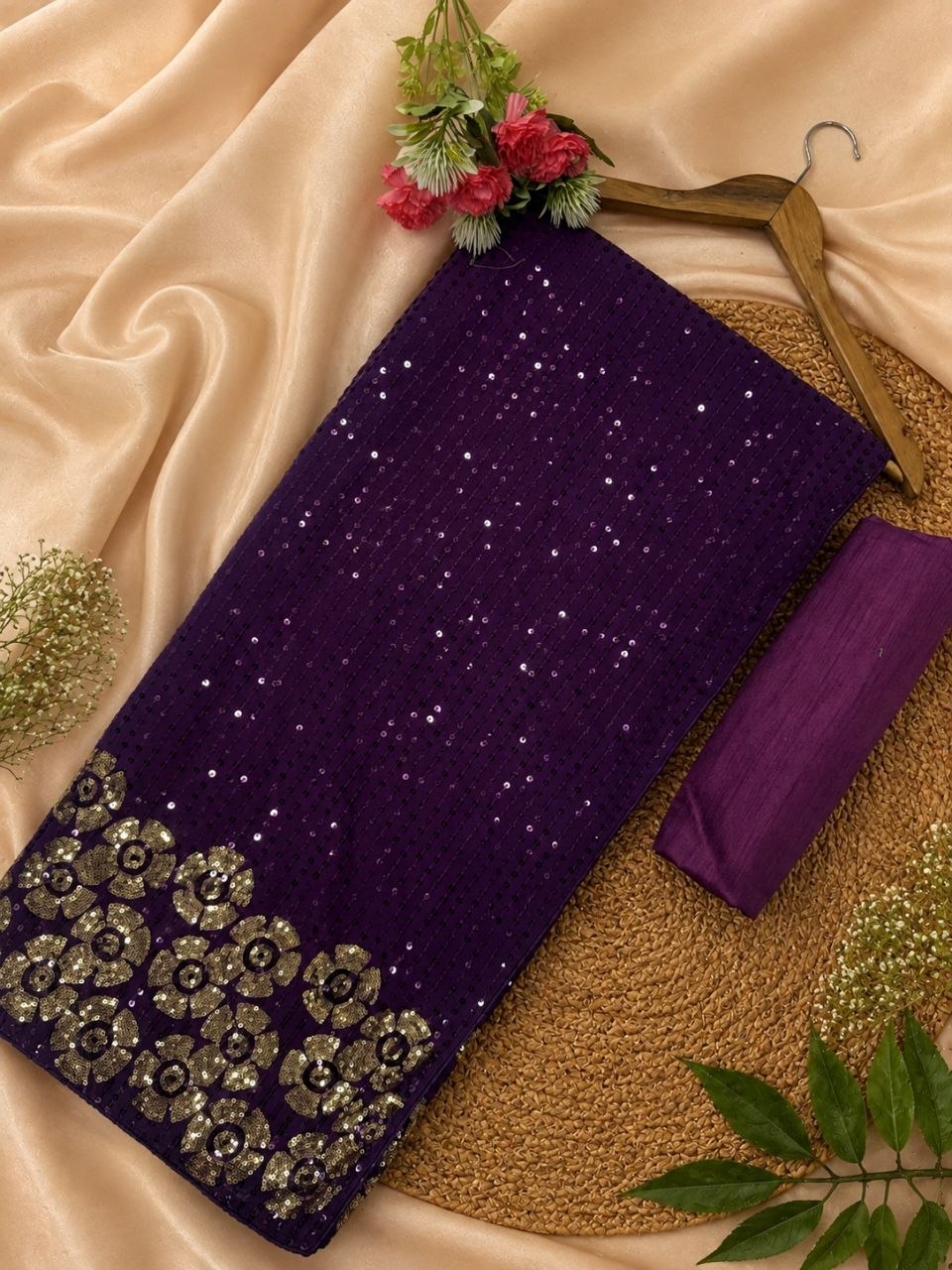 Deep Plum Purple Sequined Festive Saree with Intricate Gold Motif Border