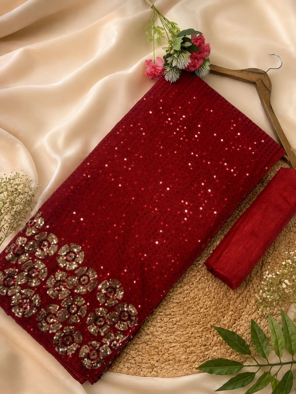 Ruby Red All-Over Sequin Embroidered Saree with Gold Floral Border