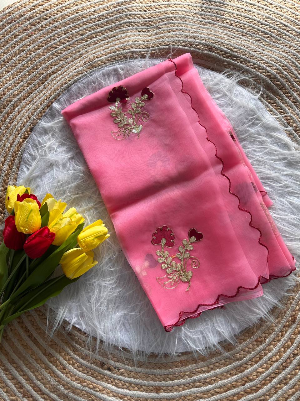 Pink Premium Organza Saree with Hand Gota & Viscose Dori Embroidery Work