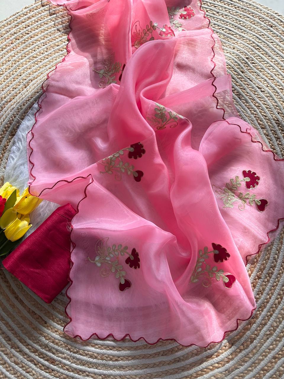 Pink Premium Organza Saree with Hand Gota & Viscose Dori Embroidery Work