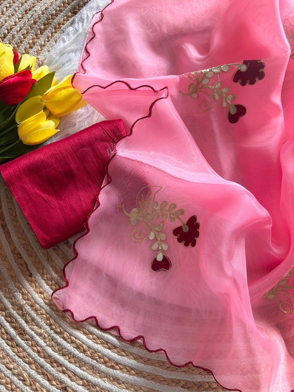Pink Premium Organza Saree with Hand Gota & Viscose Dori Embroidery Work