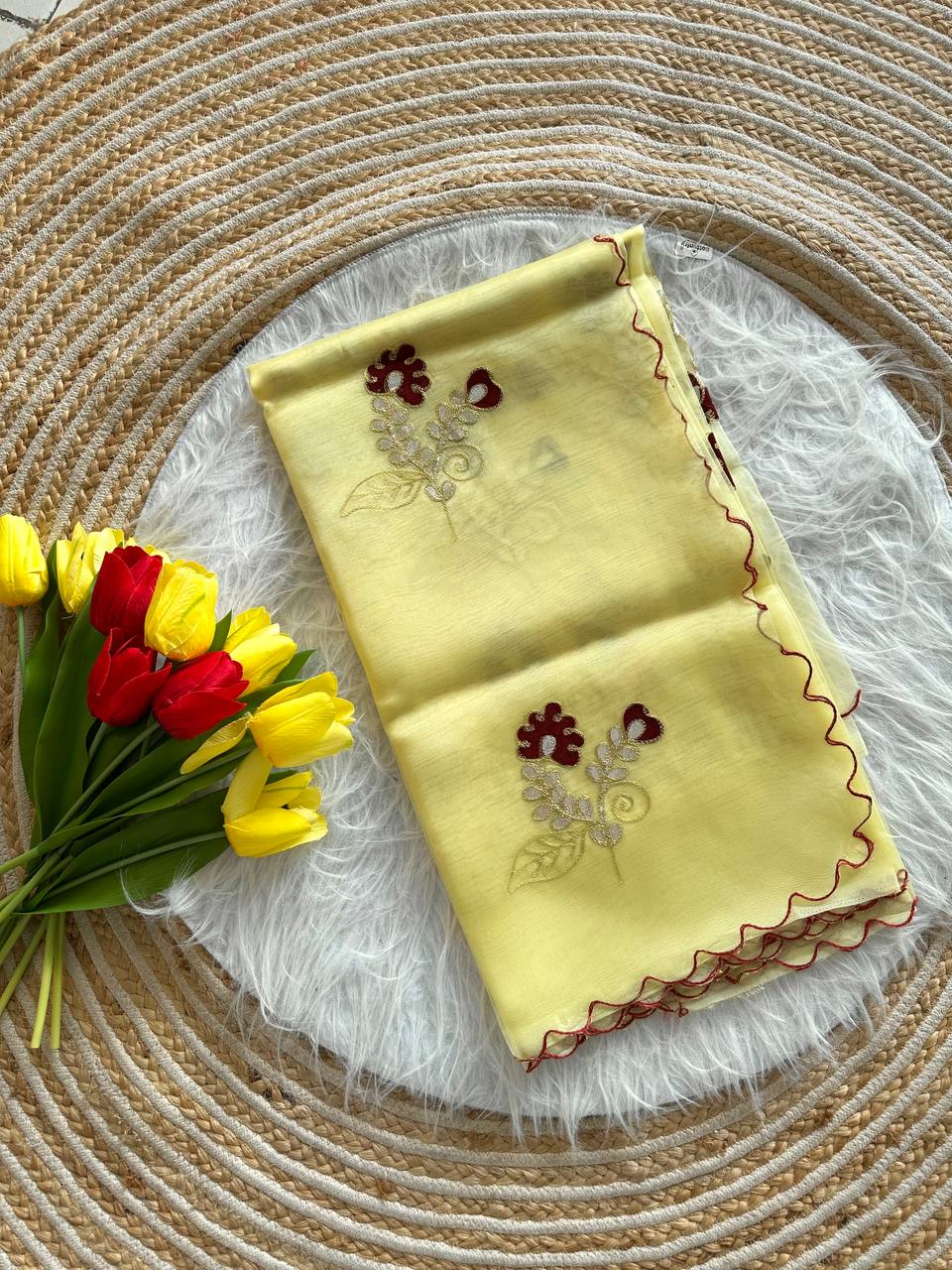 Lemon Yellow Premium Organza Saree with Hand Gota & Viscose Dori Embroidery Work