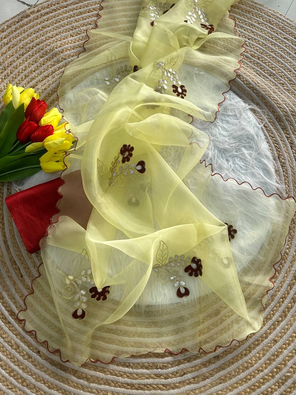 Lemon Yellow Premium Organza Saree with Hand Gota & Viscose Dori Embroidery Work