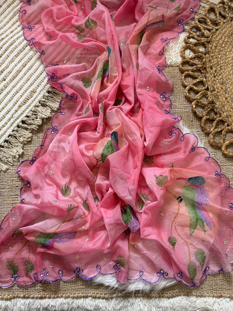 Pink Premium Tabby Organza Print Saree with Bird Motif