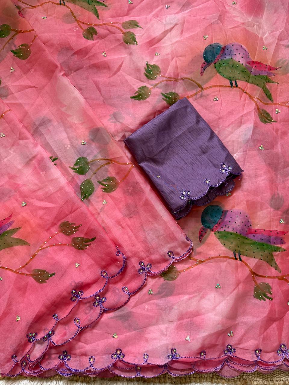 Pink Premium Tabby Organza Print Saree with Bird Motif