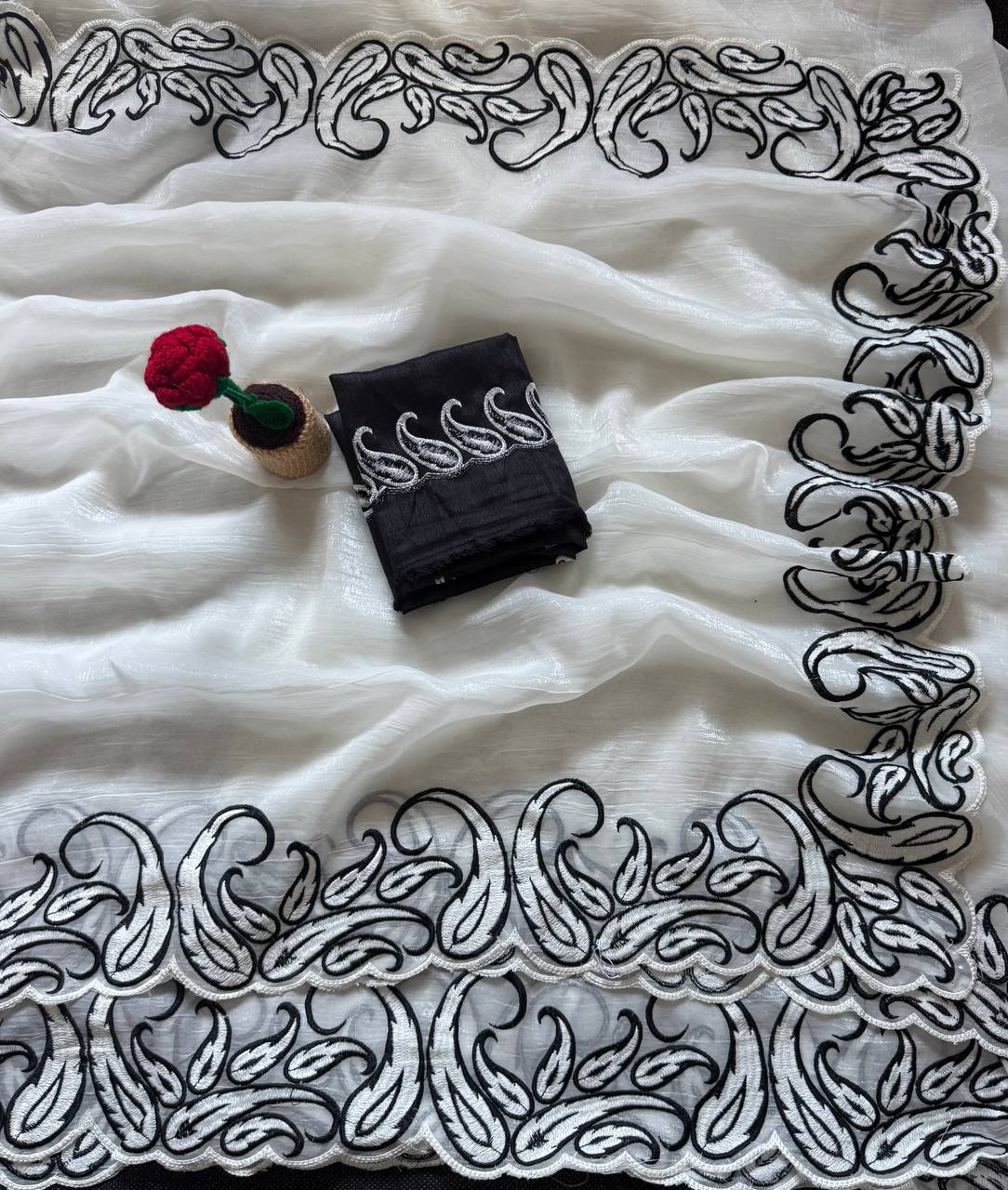 Off-White & Jet Black Premium Crunchy Silk Saree with Embroidery C-Pallu