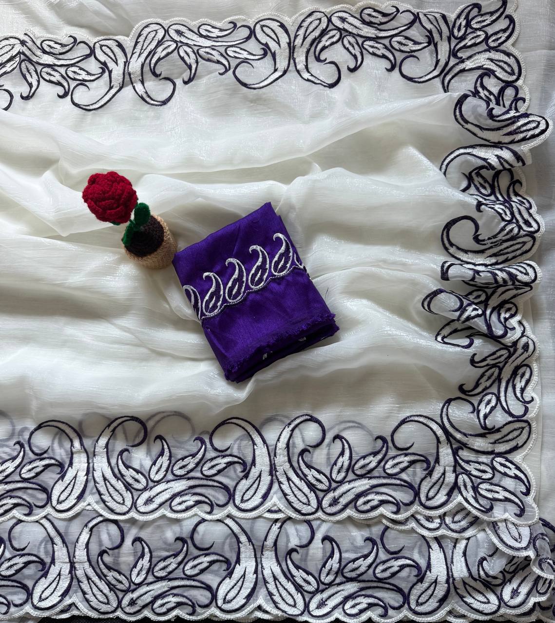 Off-White & Royal Blue Premium Crunchy Silk Saree with Embroidery C-Pallu
