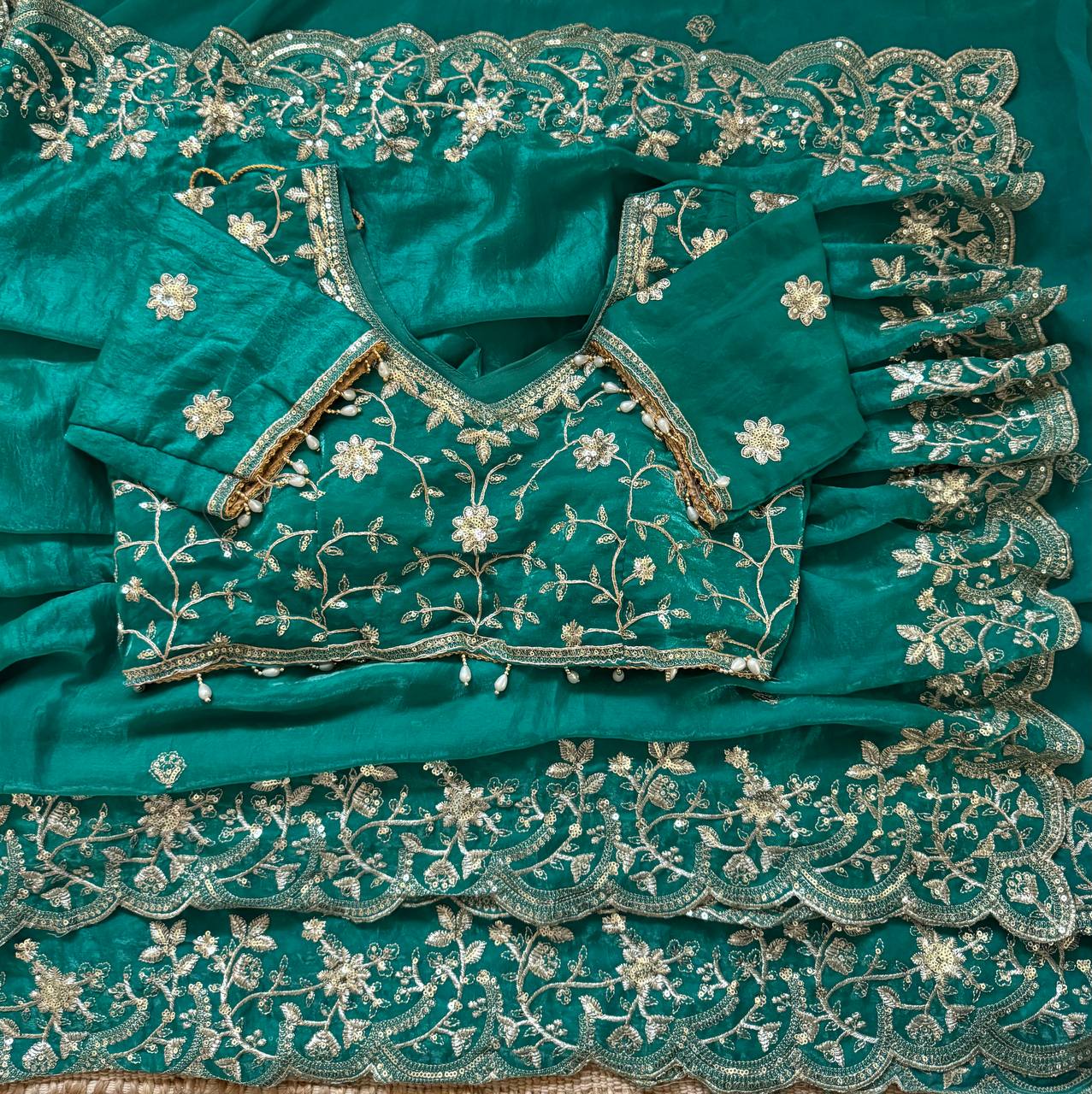 Teal Green Pure Fancy Satin Silk Saree with Zari Sequin Embroidery Scalloped Cutwork Border & Stitched Blouse