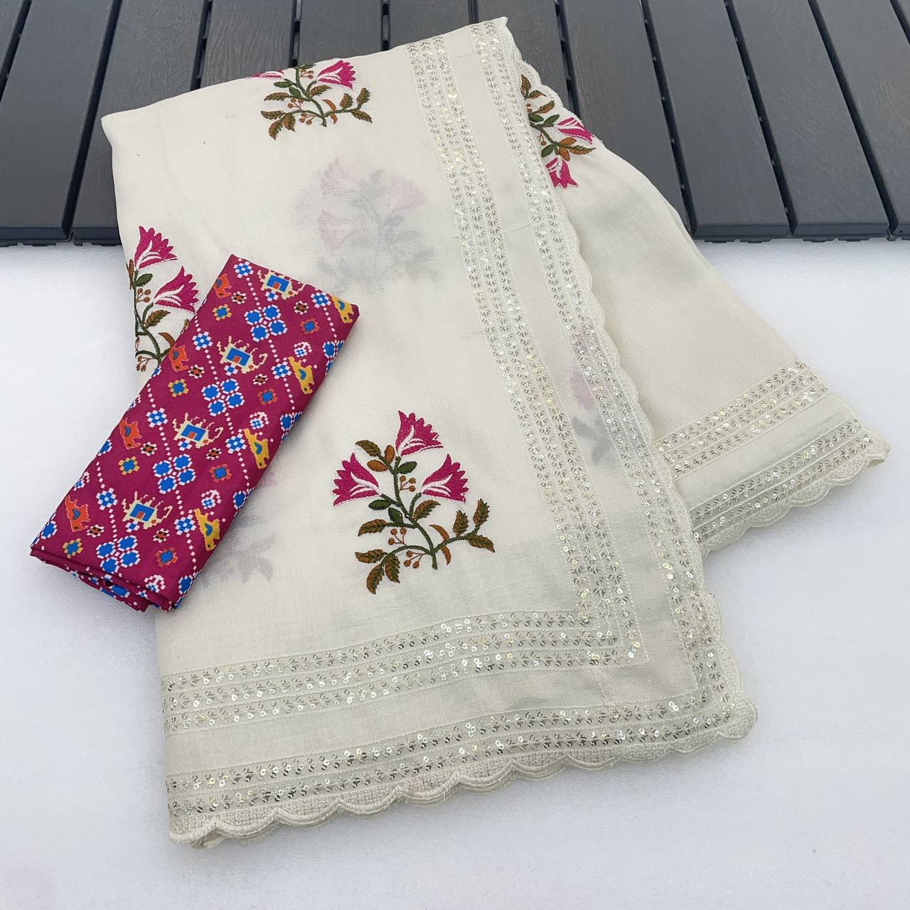 White Premium Vichitra Saree with C-Pallu Embroidery & Multi Thread Work