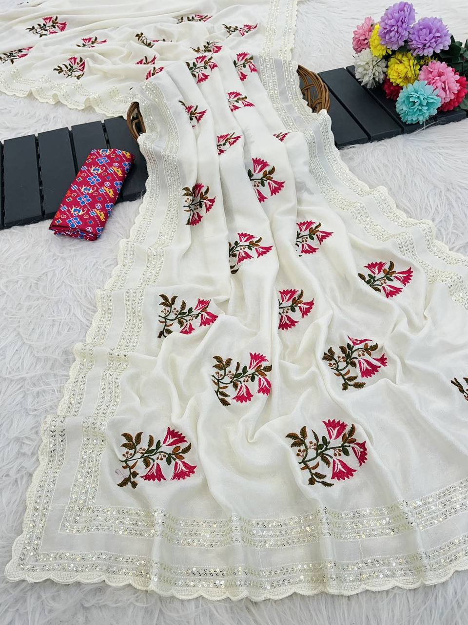 White Premium Vichitra Saree with C-Pallu Embroidery & Multi Thread Work