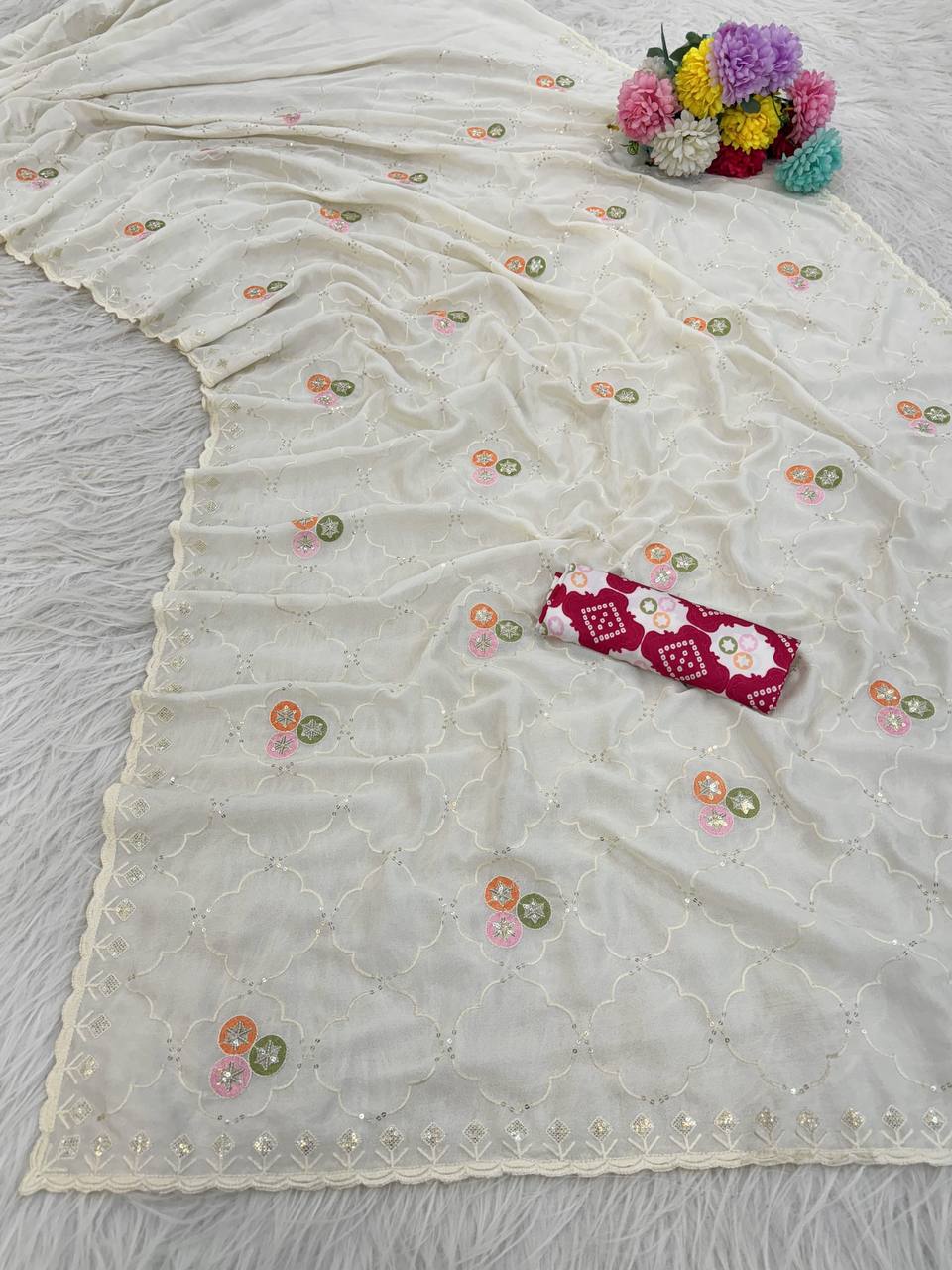 Off White Premium Vichitra Saree with C-Pallu Embroidery & Multi Thread Work