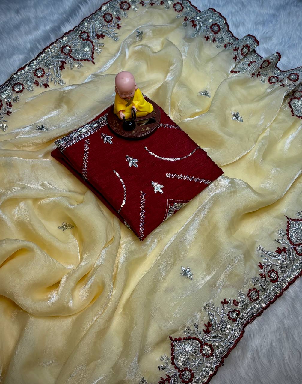 Cream Sangam Soft Space Silk Saree with C-Pallu Multi Thread Work & Cutwork Border