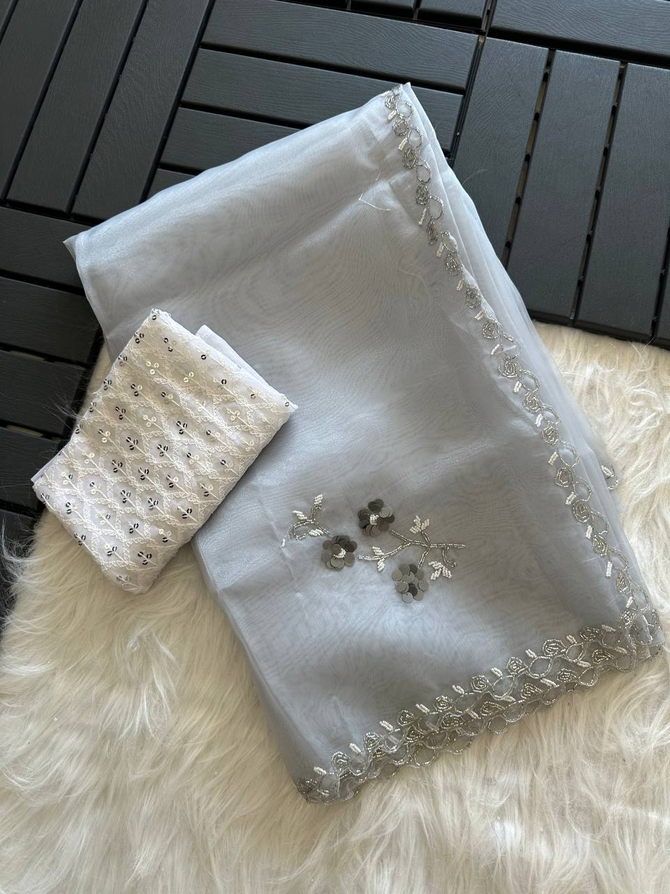 Grey Pure Organza Silk Saree with Fully Jardishi Border & Handwork Sequence Work