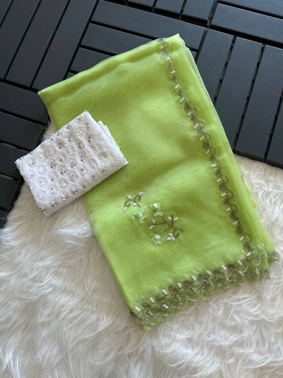 Green Pure Organza Silk Saree with Fully Jardishi Border & Handwork Sequence Work