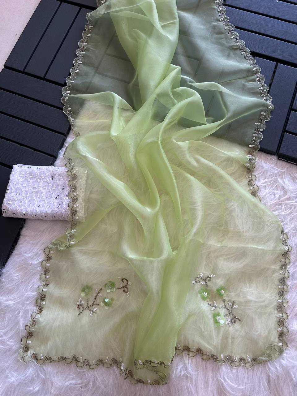 Green Pure Organza Silk Saree with Fully Jardishi Border & Handwork Sequence Work