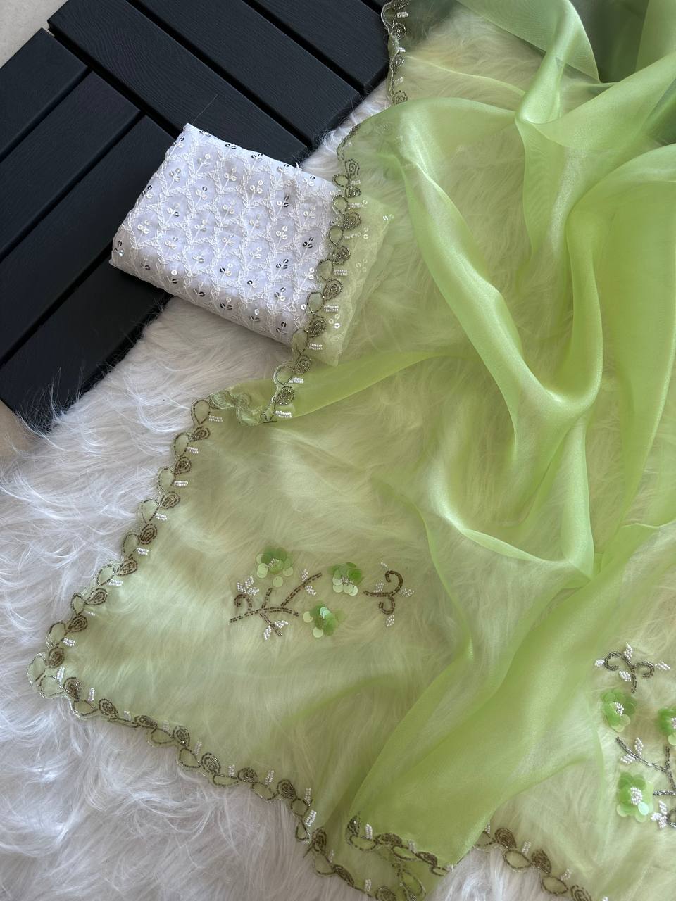 Green Pure Organza Silk Saree with Fully Jardishi Border & Handwork Sequence Work