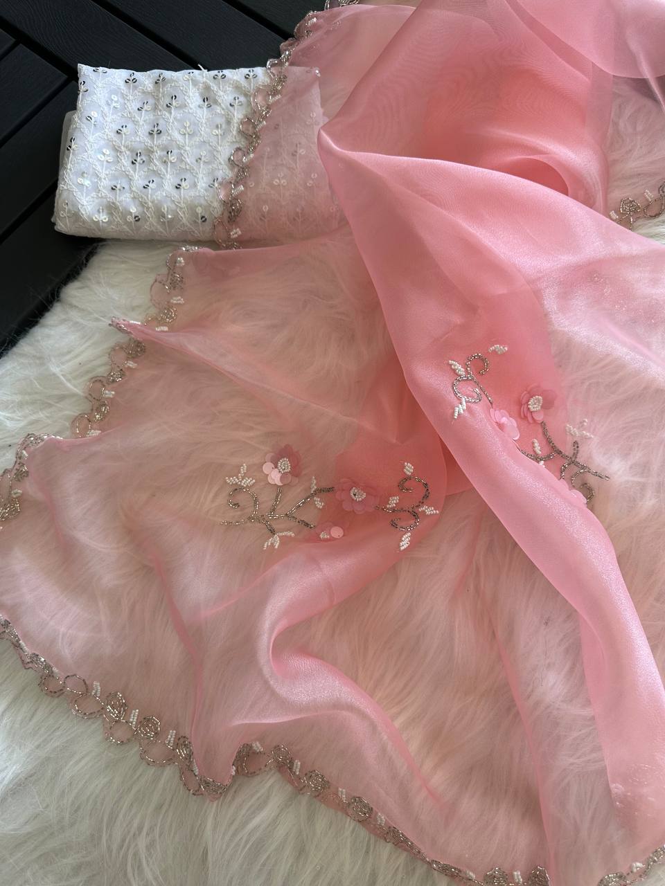 Peach Pure Organza Silk Saree with Fully Jardishi Border & Handwork Sequence Work