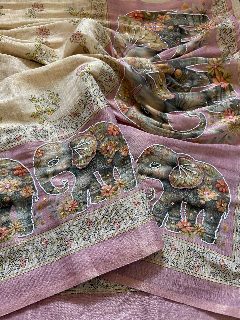 Beige & Mauve Pink Pure Soft Linen Cotton Silk Digital Elephant Print Saree with Khatli Kutdana & Stone Work