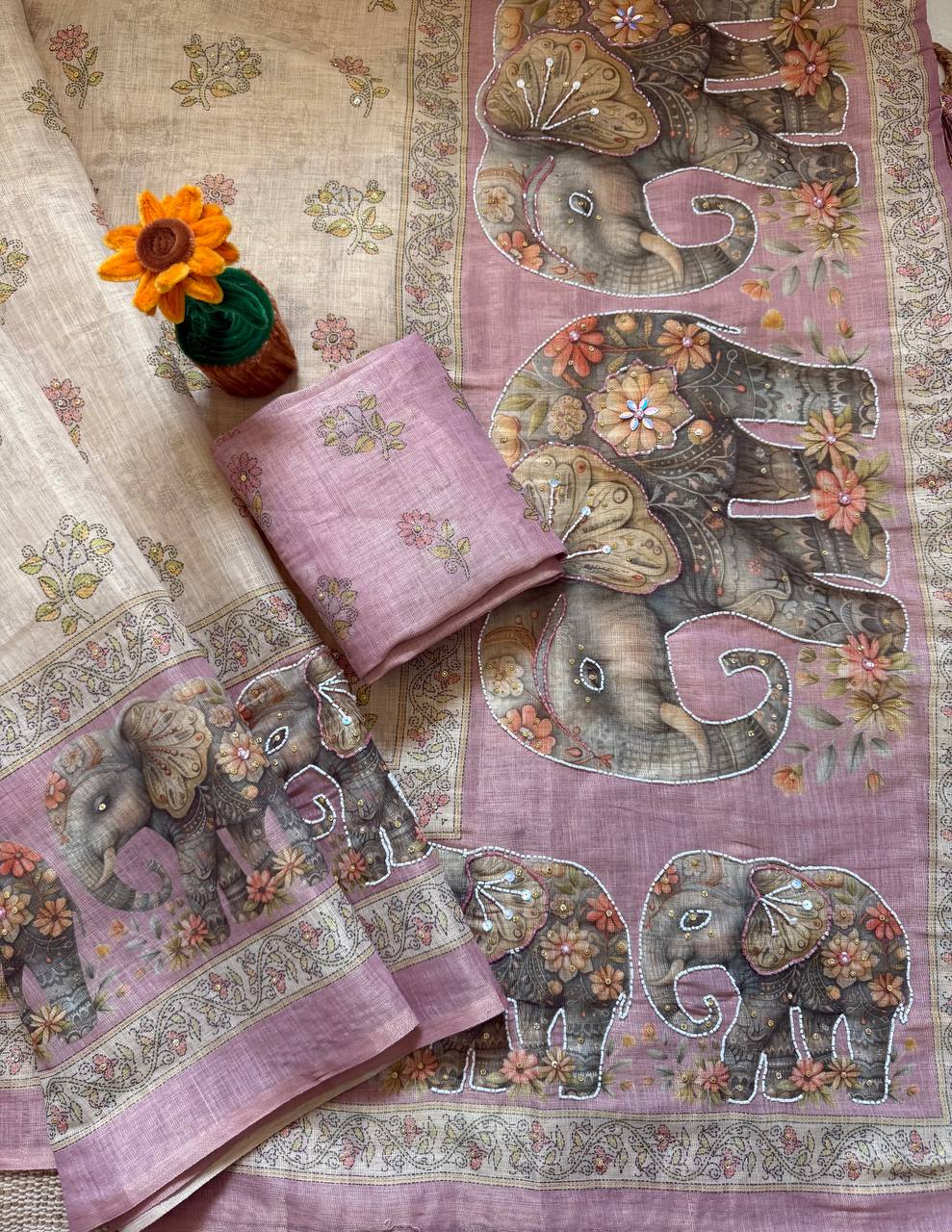 Beige & Mauve Pink Pure Soft Linen Cotton Silk Digital Elephant Print Saree with Khatli Kutdana & Stone Work