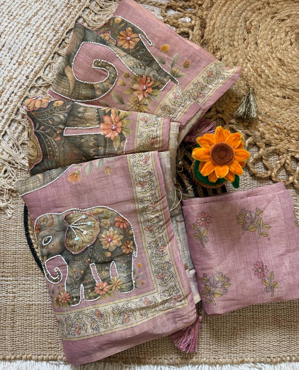 Beige & Mauve Pink Pure Soft Linen Cotton Silk Digital Elephant Print Saree with Khatli Kutdana & Stone Work