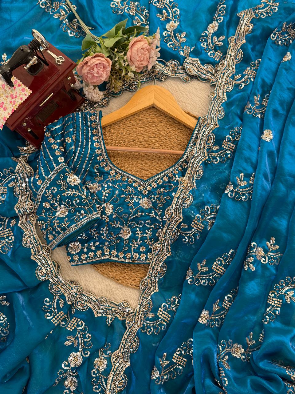 Premium Blue Fandy Silk Bids and Stone Work Saree