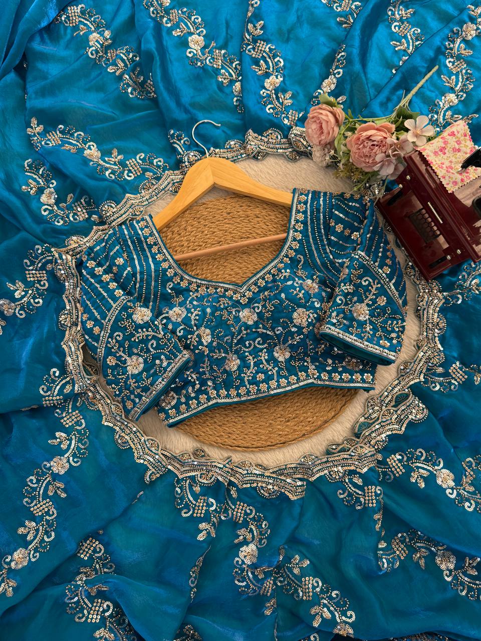 Premium Blue Fandy Silk Bids and Stone Work Saree