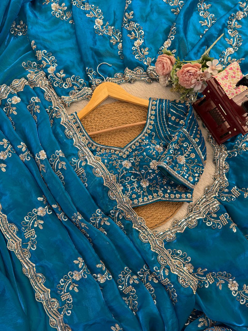 Premium Blue Fandy Silk Bids and Stone Work Saree