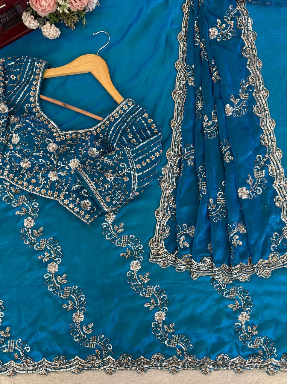 Premium Blue Fandy Silk Bids and Stone Work Saree