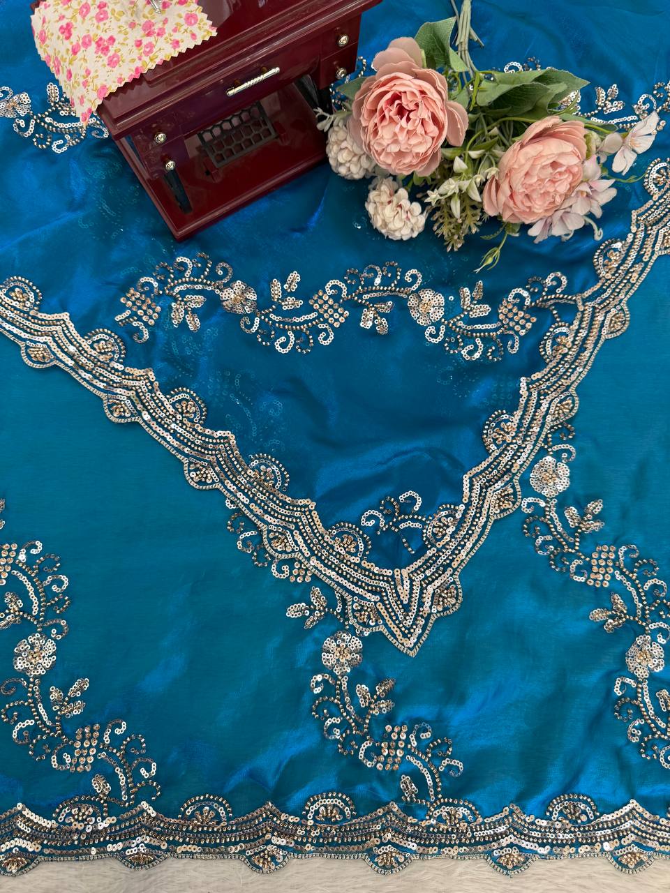 Premium Blue Fandy Silk Bids and Stone Work Saree