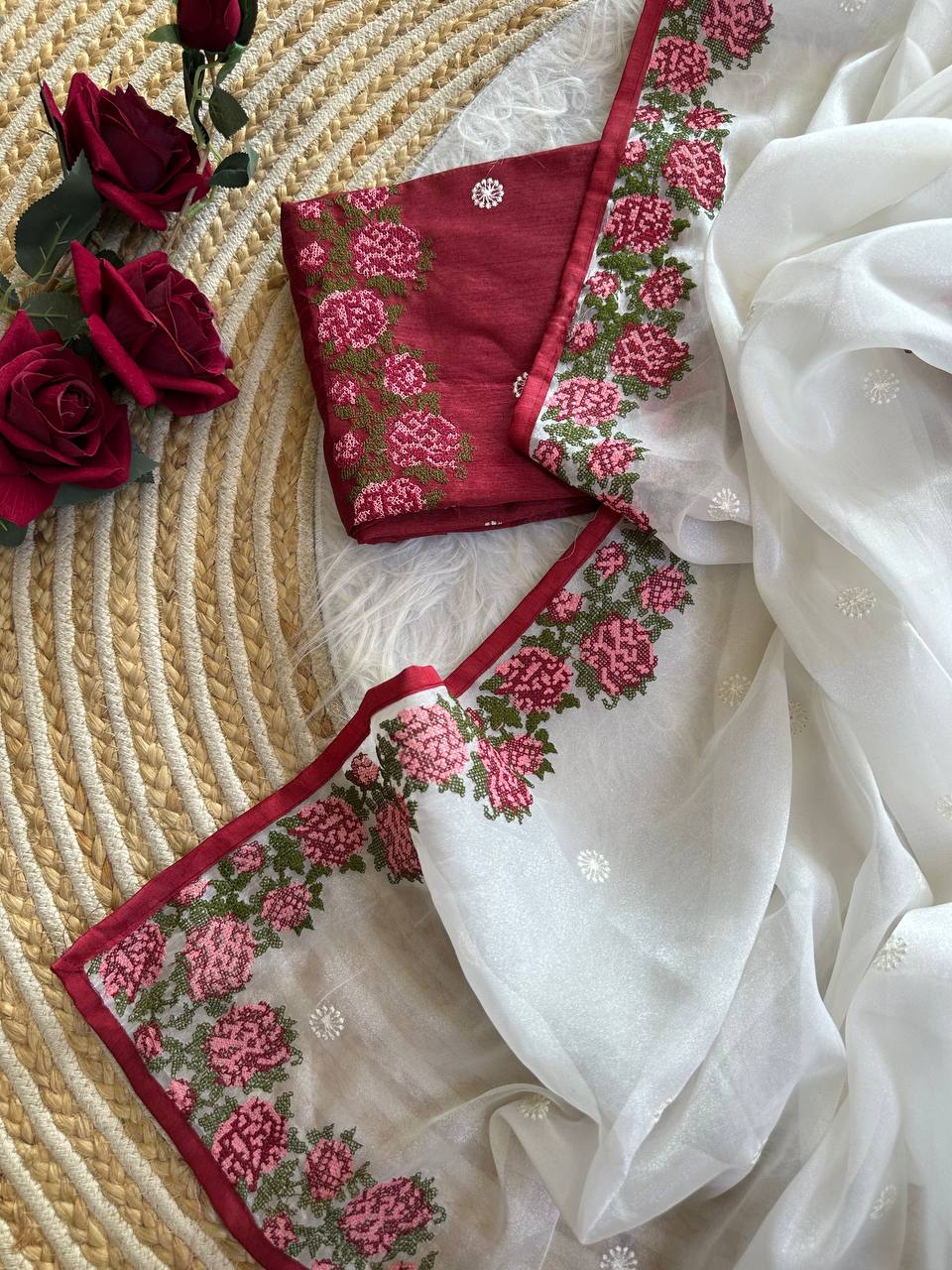Pearl White Sundha Pure Simmer Tissue Silk Saree with Rose Cross Stitch Viscose Embroidery