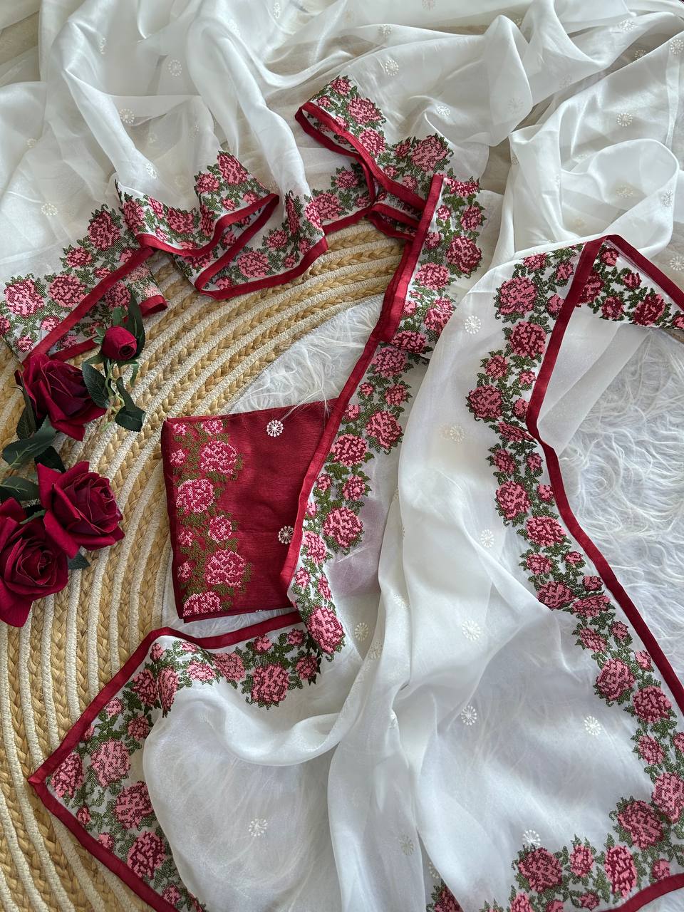 Pearl White Sundha Pure Simmer Tissue Silk Saree with Rose Cross Stitch Viscose Embroidery