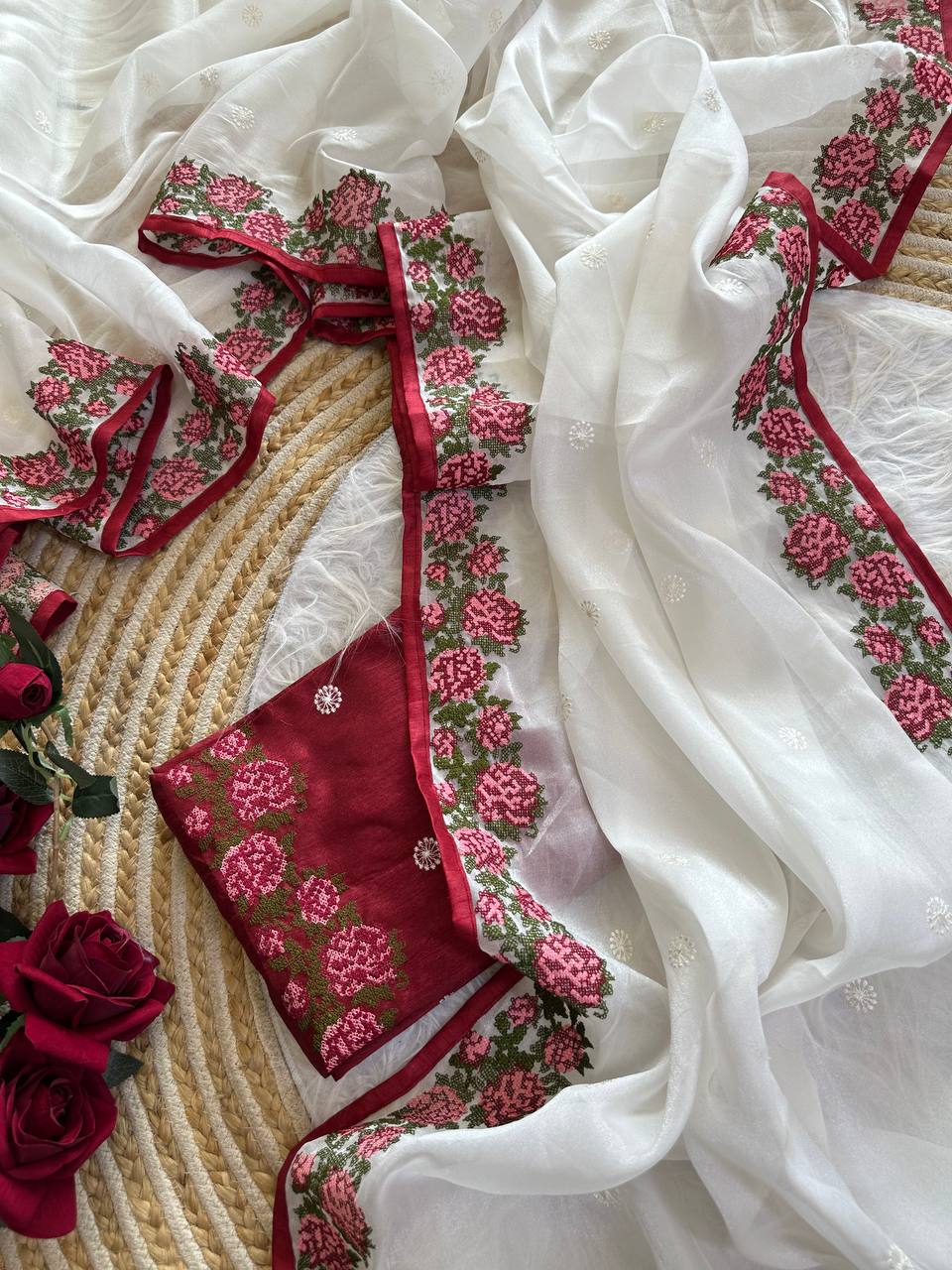 Pearl White Sundha Pure Simmer Tissue Silk Saree with Rose Cross Stitch Viscose Embroidery