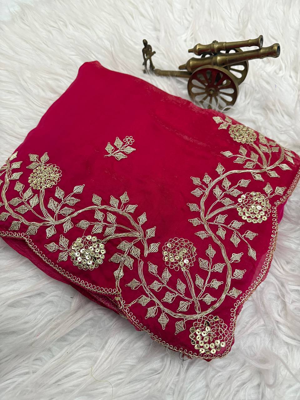 Rani Pink Premium Fancy Satin Saree with Multi Thread Floral Embroidery & Arco Cutwork Border