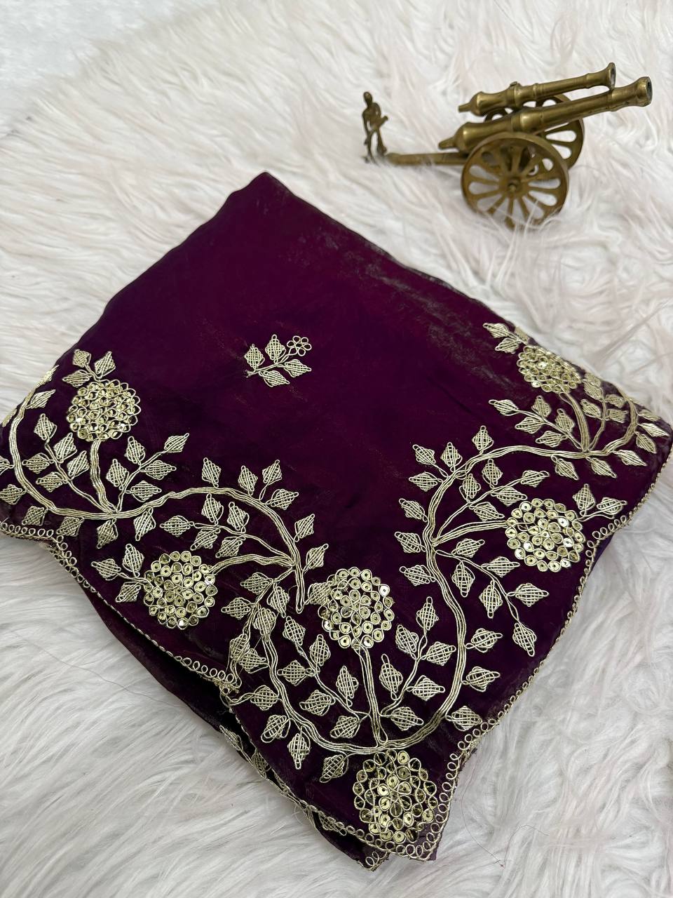 Wine Premium Fancy Satin Saree with Multi Thread Floral Embroidery & Arco Cutwork Border