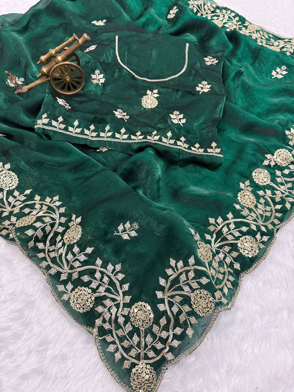 Dark Green Premium Fancy Satin Saree with Multi Thread Floral Embroidery & Arco Cutwork Border