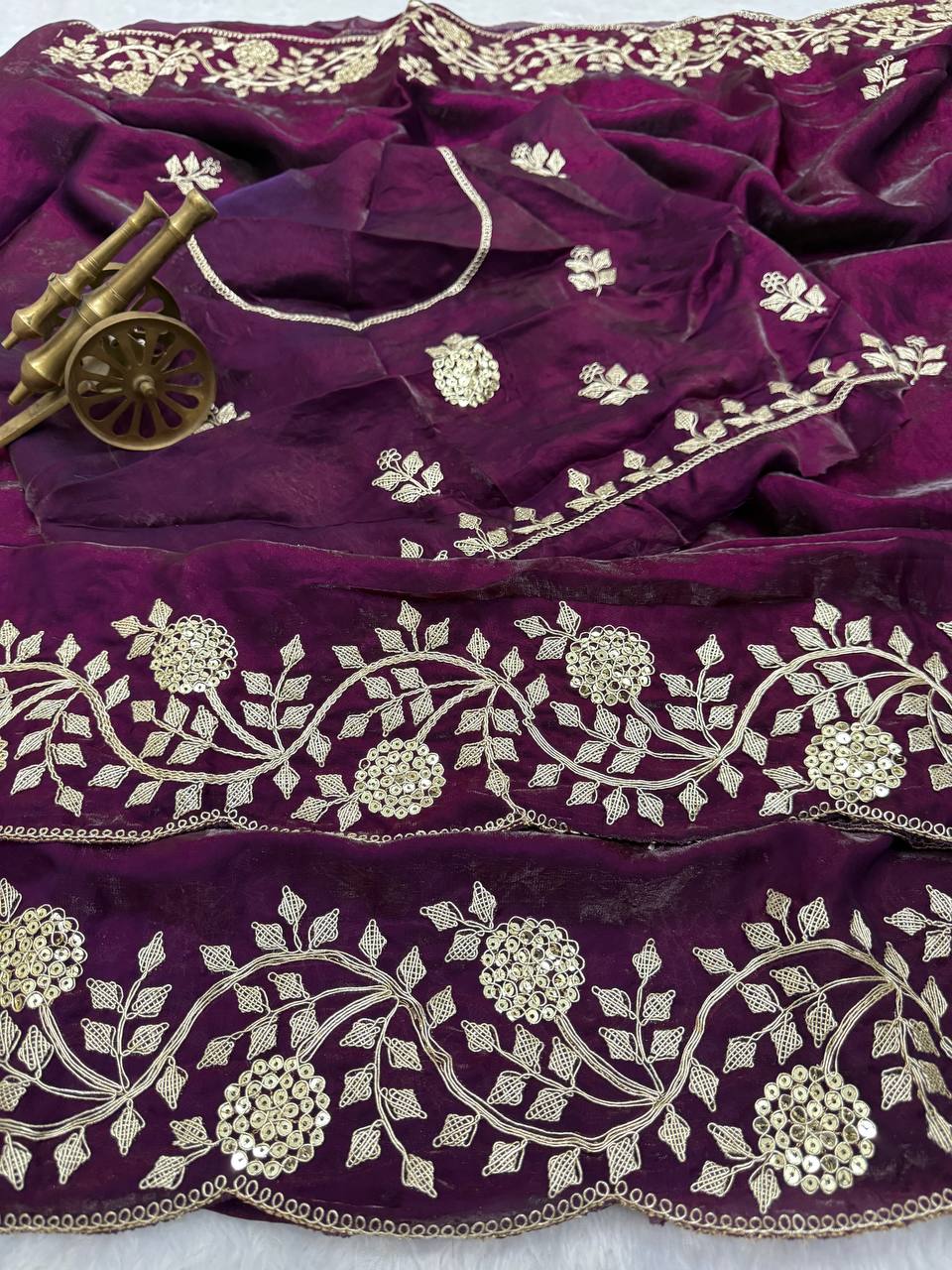 Wine Premium Fancy Satin Saree with Multi Thread Floral Embroidery & Arco Cutwork Border