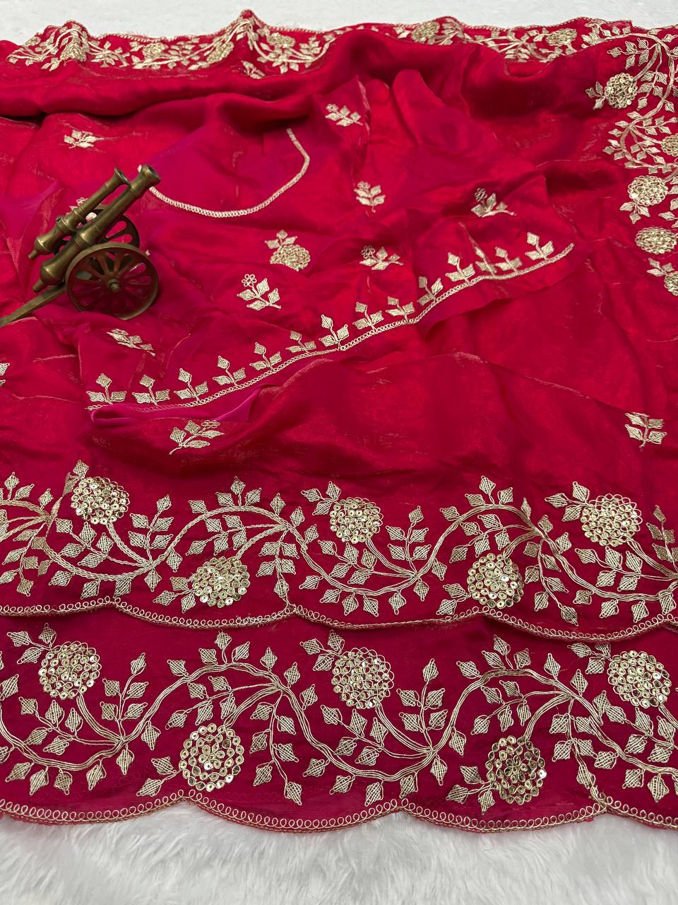 Rani Pink Premium Fancy Satin Saree with Multi Thread Floral Embroidery & Arco Cutwork Border