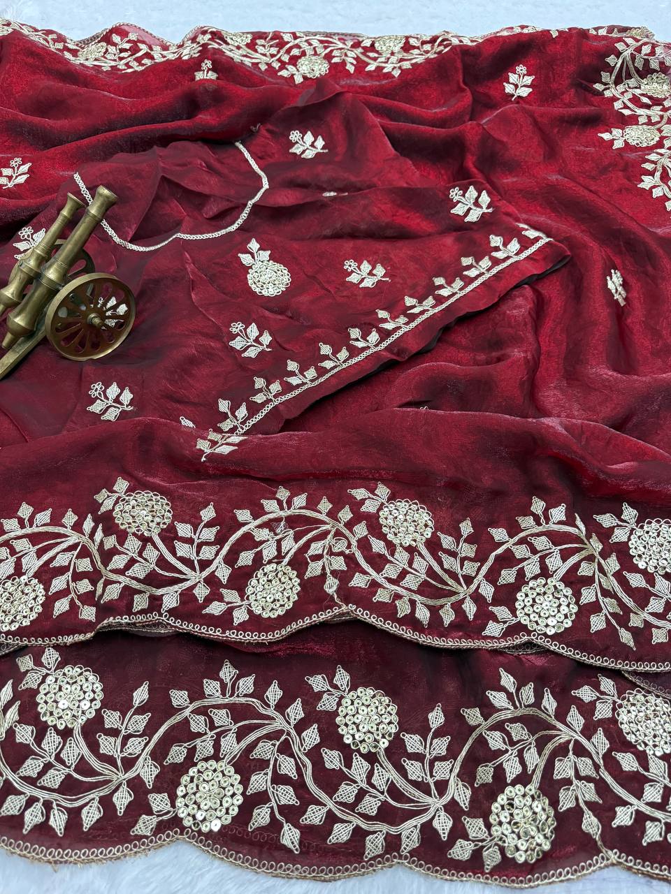 Maroon Premium Fancy Satin Saree with Multi Thread Floral Embroidery & Arco Cutwork Border