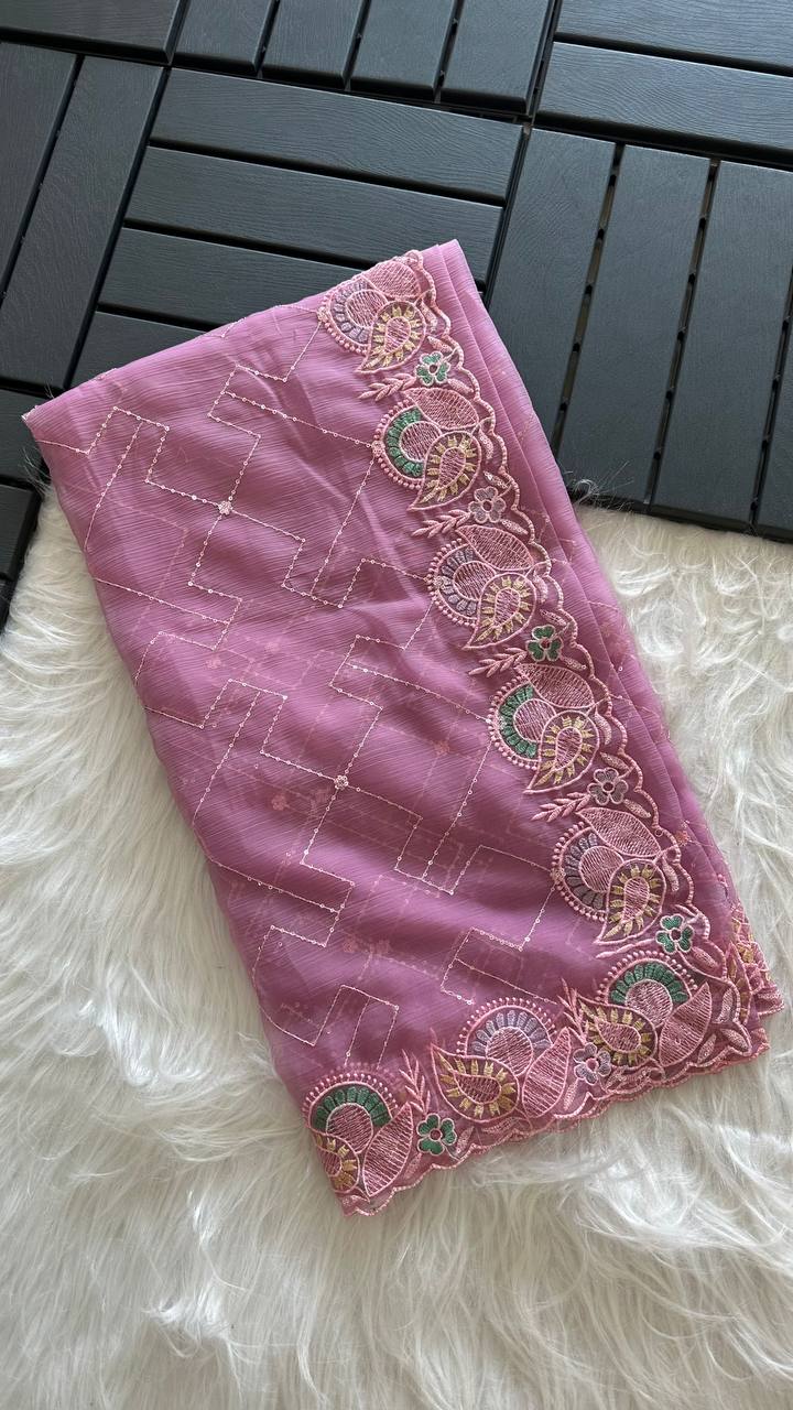 Dusty Pink Soft Pure Chiffon Saree with Sequins Embroidery & Paisley Border Work