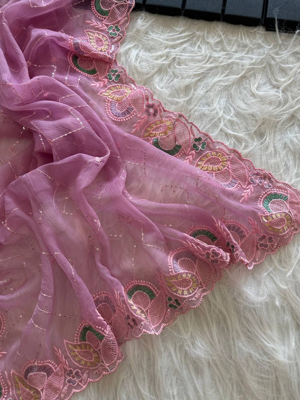 Dusty Pink Soft Pure Chiffon Saree with Sequins Embroidery & Paisley Border Work