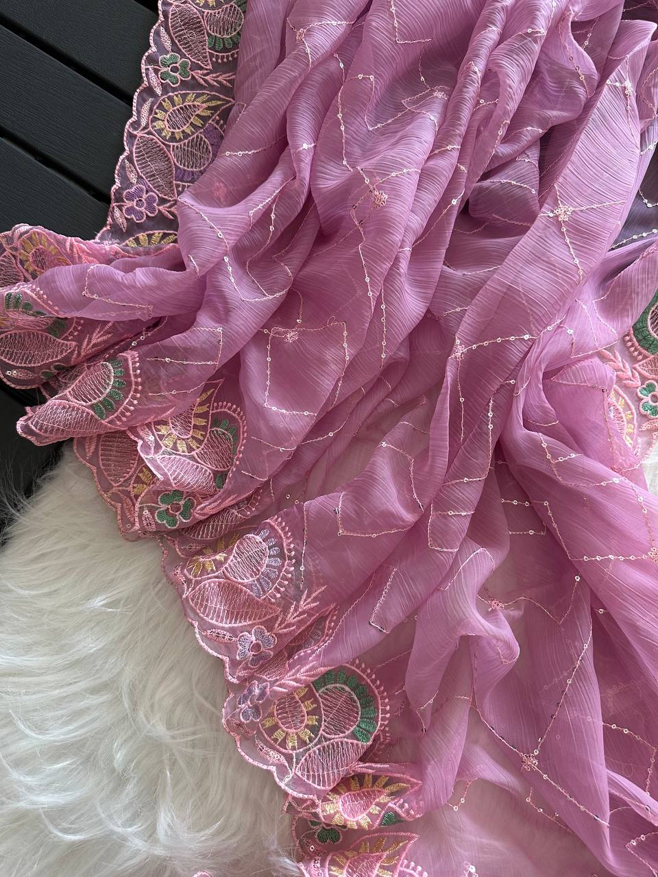 Dusty Pink Soft Pure Chiffon Saree with Sequins Embroidery & Paisley Border Work