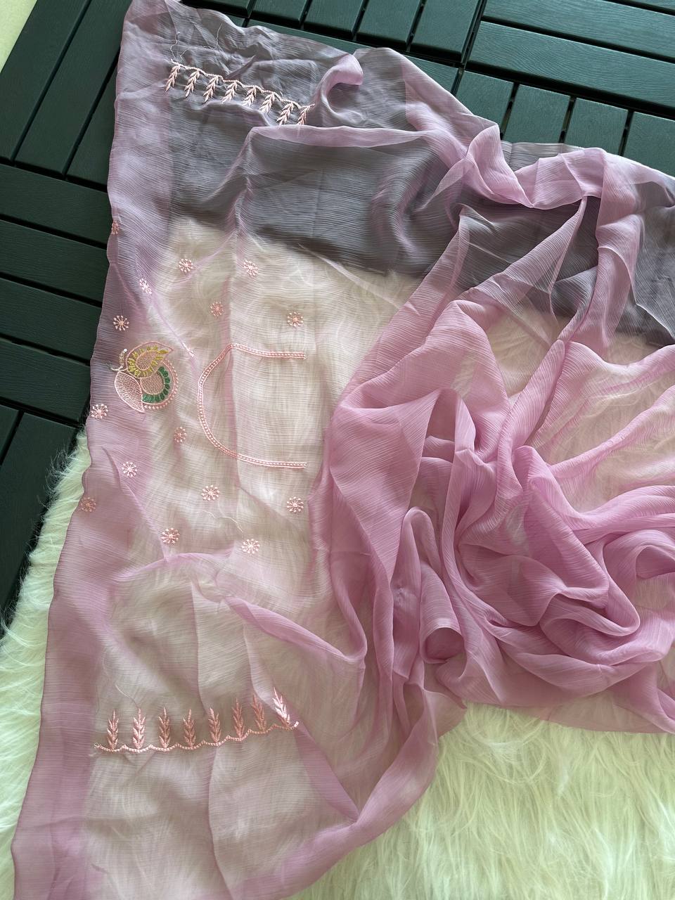 Dusty Pink Soft Pure Chiffon Saree with Sequins Embroidery & Paisley Border Work