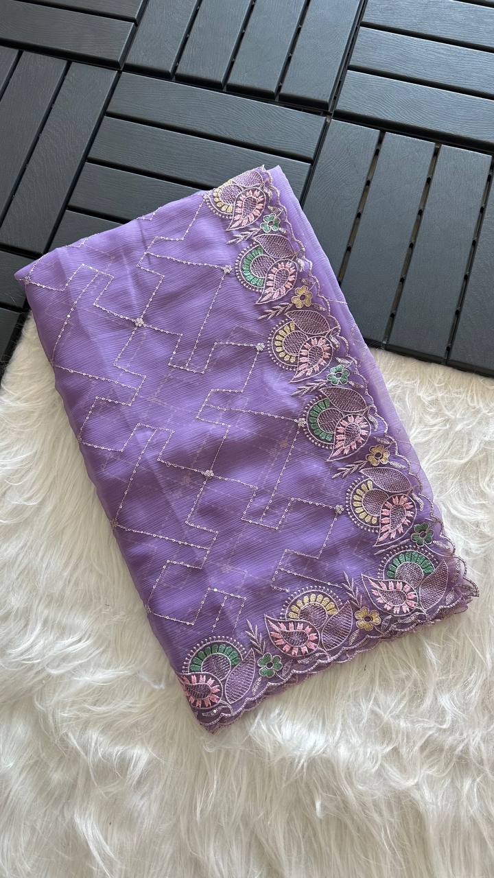 Lavender Soft Pure Chiffon Saree with Sequins Embroidery & Paisley Border Work